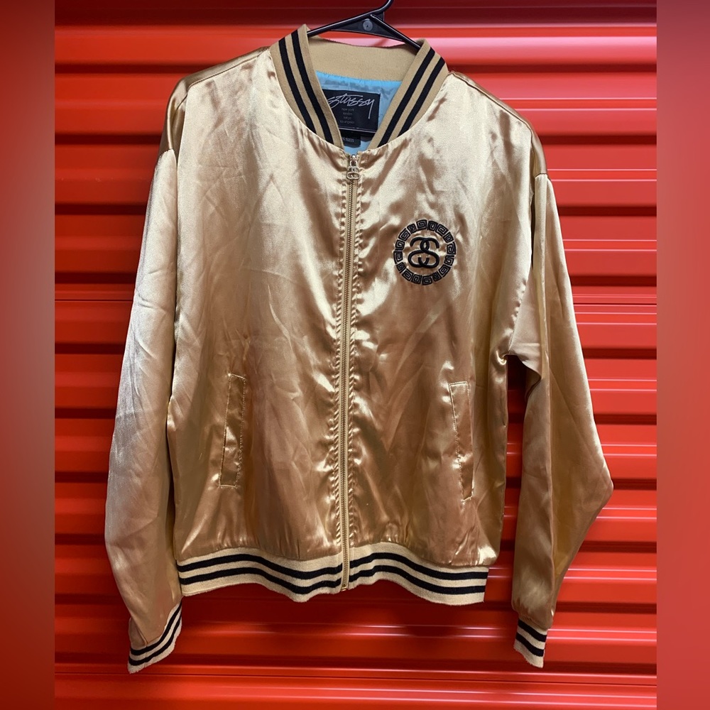 !!AUTHENTIC” Stussy Gold Embroidery Logo Satin Souvenir Jacket